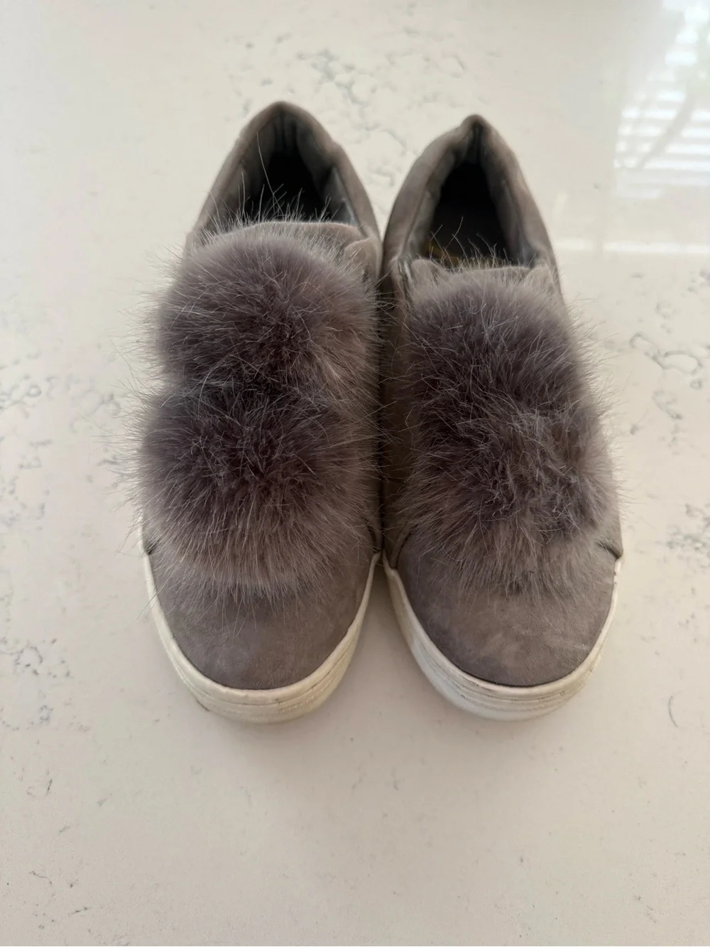 Sam Edelman Gray Faux Fur Pom Platform Slip-On Sneakers
